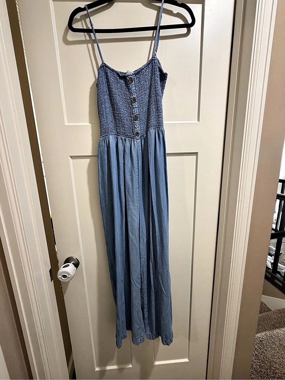 Love Tree Blue Smocked Chambray Denim Wide Leg Jumpsuit Size L